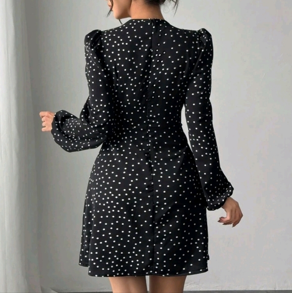 Women's Elegant Polka Dot Print Bow-Tie Waist Long Sleeve Dress - Picture 3 of 3